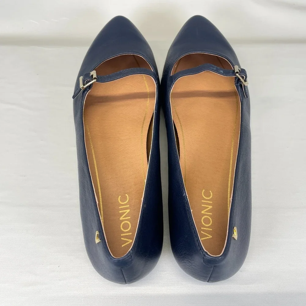 Vionic Delilah Mary Jane Shoes Womens Size 9.5 Navy Blue Buckle Strap Flats